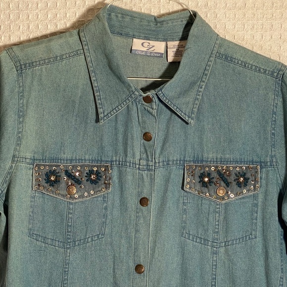 Womans Denim and Sequin SNAP Shirt by Club Z Denim Size 0X - Picture 2 of 12